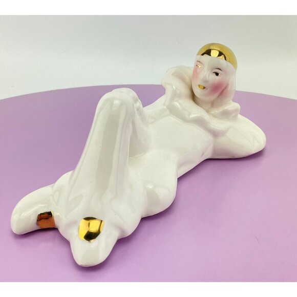 Vintage 1980s Pierrot clown figurine, gold, white porcelain, kitsch Harlequin - Picture 1 of 9